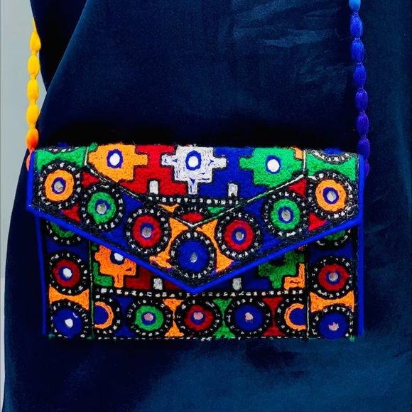 Handmade Multicolor Cross Bag, Ethnic Tribal Bag With Thread Work and Mirrors - Picture 5 of 8